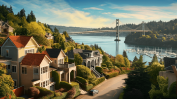 St. Johns Bridge spanning the Willamette River, Portland-style homes nestled along the lush greenery of Forest Park, reflecting the thriving real estate market of Portland Oregon Bridgetown Home Buyers
